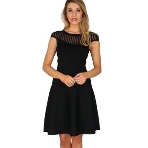 French Connection Black Ribbed-Yoke Cap Sleeve Fit-and-Flare Mini Dress